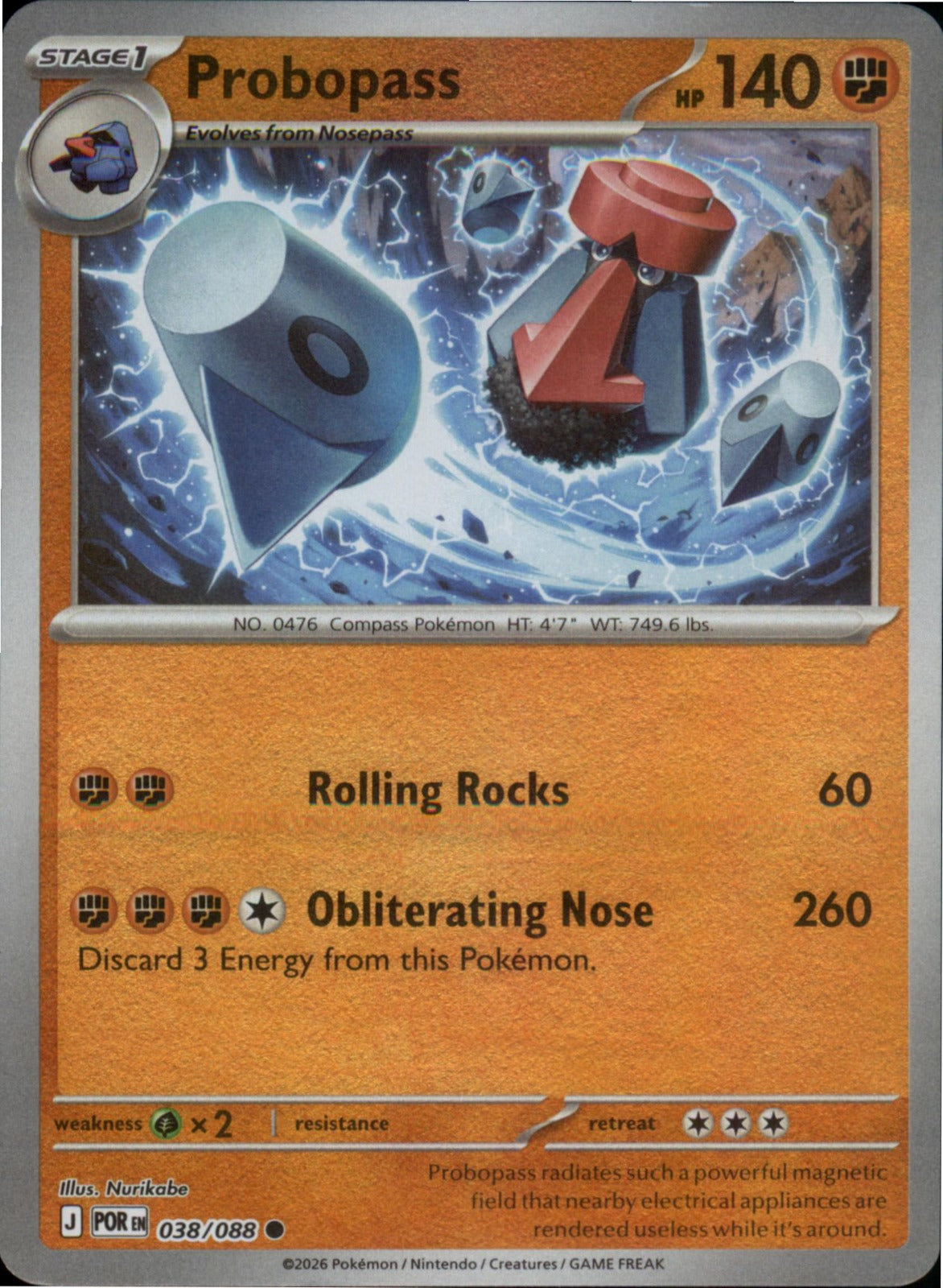 Pokemon Nosepass Common ME03: Perfect Order 037/088 NM Reverse Holo