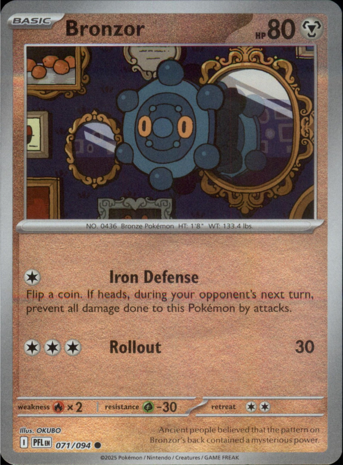 Pokemon Bronzor Common ME02: Phantasmal Flames 071/094 NM Reverse Holo
