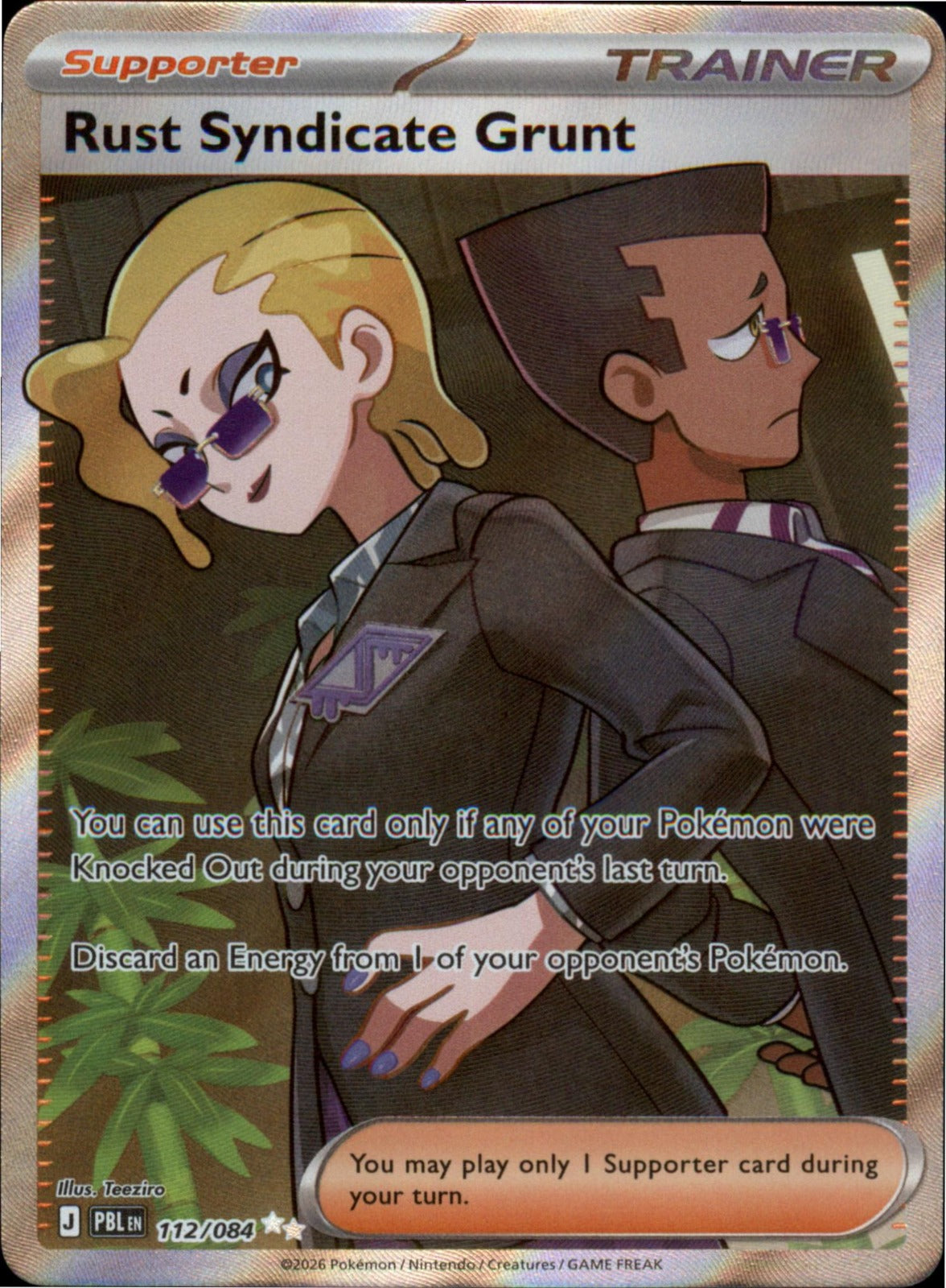 Pokemon Rust Syndicate Grunt Ultra Rare ME05: Pitch Black 112/084 NM Holo