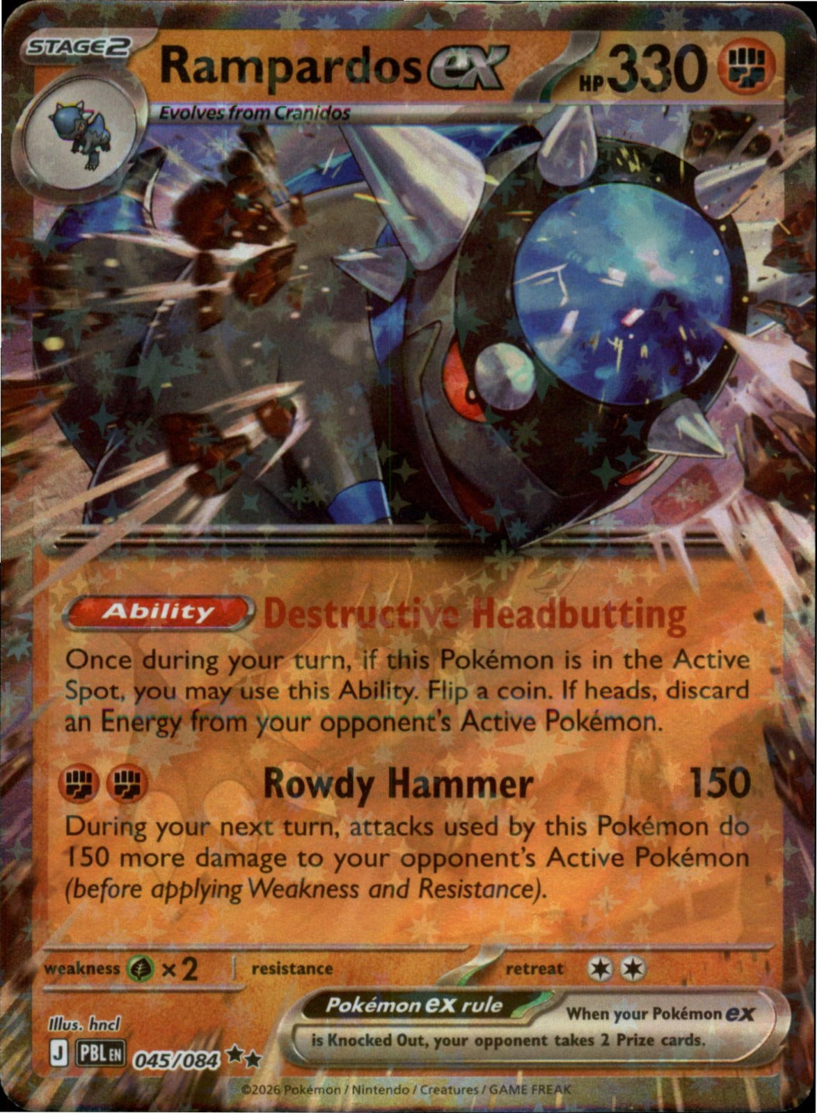 Pokemon Rampardos ex Double Rare ME05: Pitch Black 045/084 NM Holo