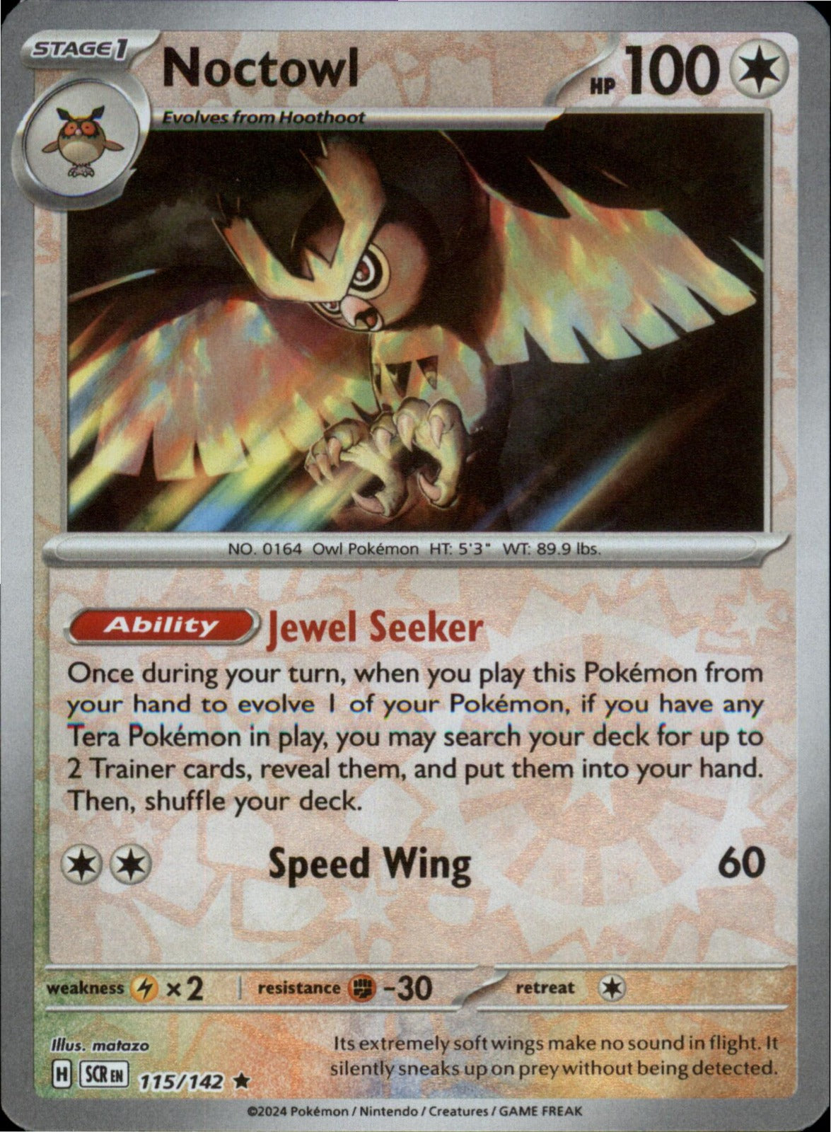 Pokemon Noctowl Rare SV07: Stellar Crown 115/142 NM Reverse Holo