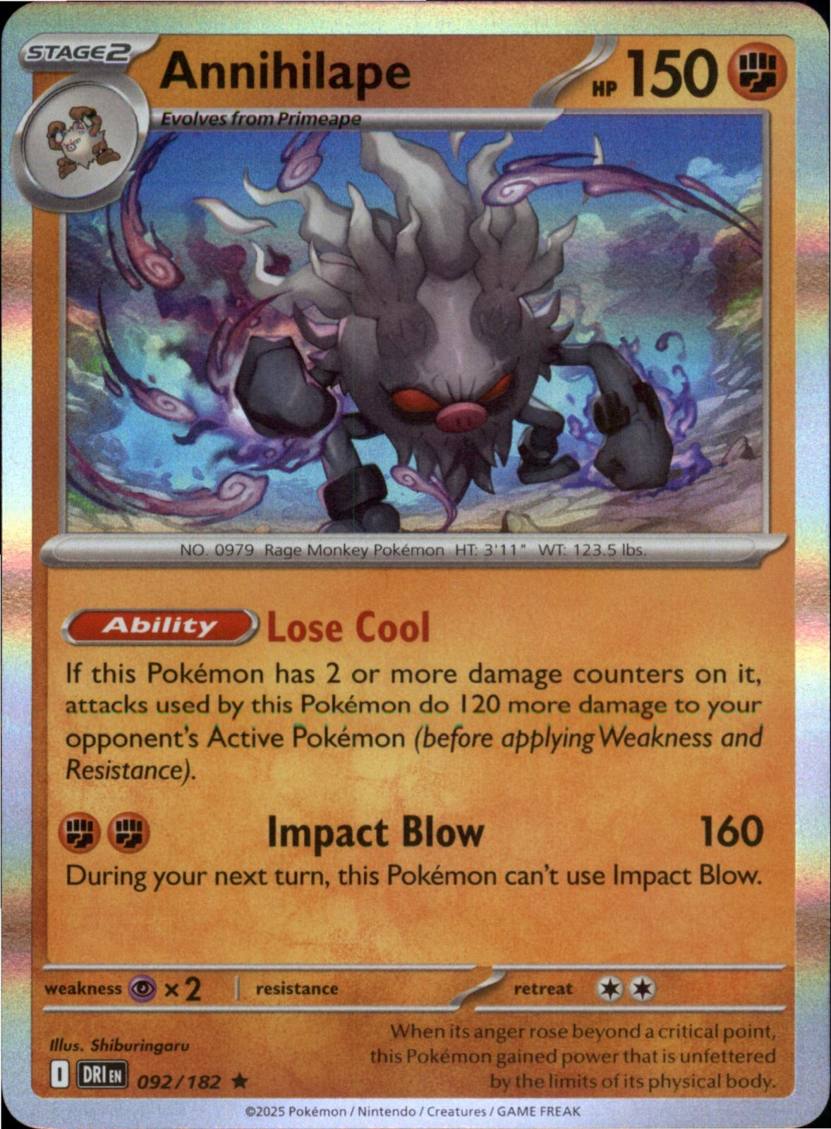 Pokemon Annihilape Rare SV10: Destined Rivals 092/182 NM Holo