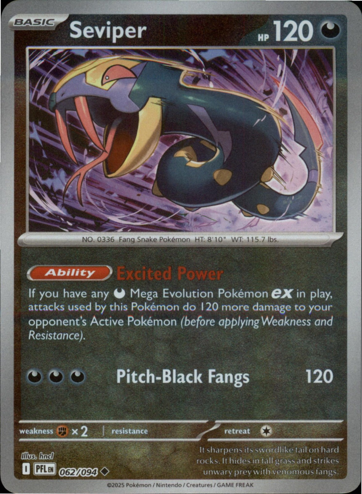 Pokemon Seviper Uncommon ME02: Phantasmal Flames 062/094 NM Reverse Holo
