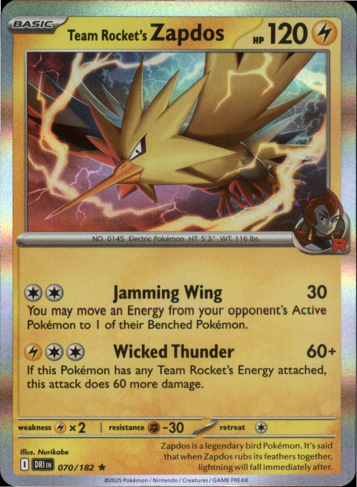 Pokemon Team Rocket's Zapdos Rare SV10: Destined Rivals 070/182 NM Holo