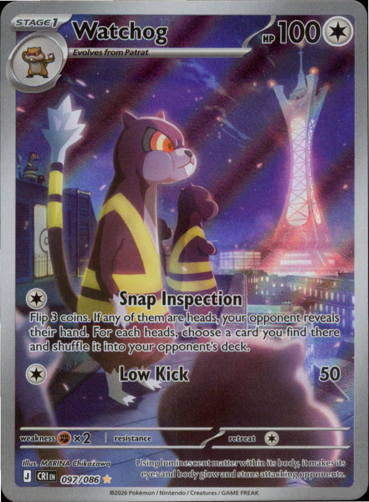 Pokemon Watchog Illustration Rare ME04: Chaos Rising 097/086 NM Holo